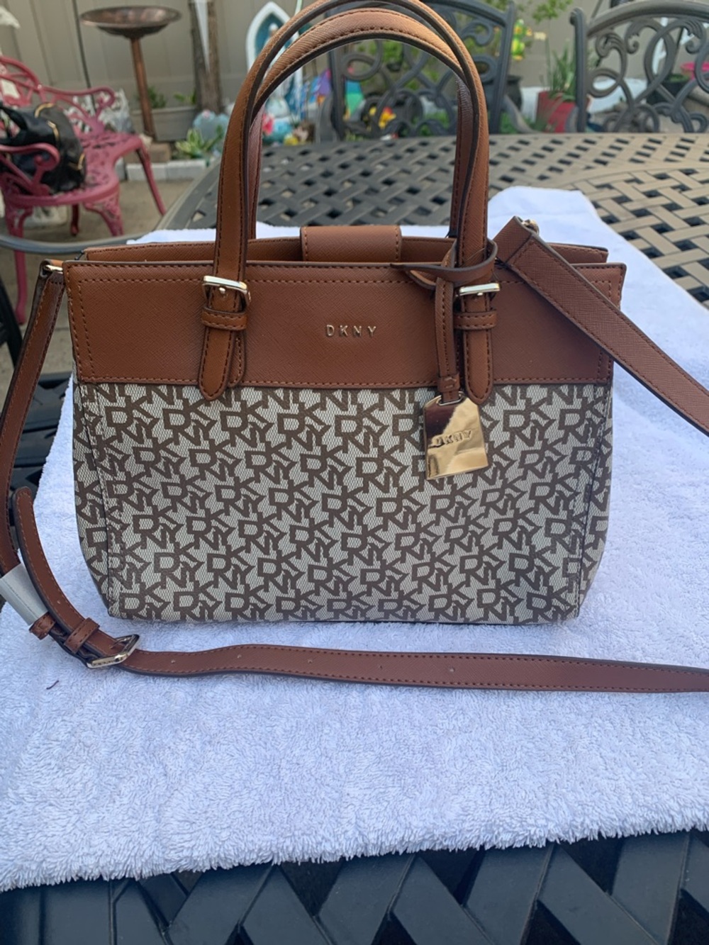 DKNY Brown & Beige Logo Satchel with Gold Hardware